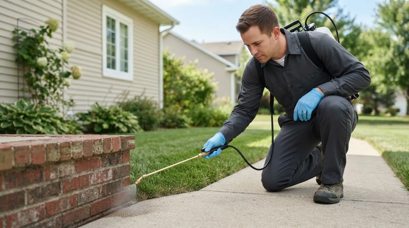Pest control technician treating a home near Hamlin, TX